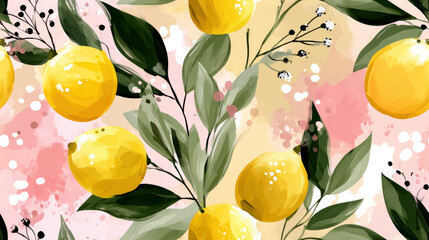 Seamless Abstract flower, Bright yellow lemons are illustrated with green leaves on a soft pink background, creating a vibrant and fresh botanical pattern.