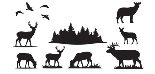 Deer silhouettes set with flying birds and forest trees. Collection of various deer, including stags and doe, in different poses like grazing and standing.

