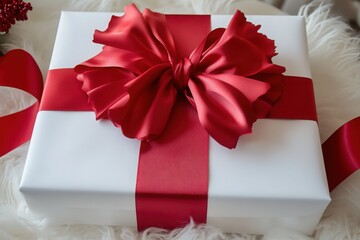 Elegant White Gift Box with Red Ribbon and Bow