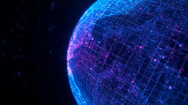 A glowing digital representation of Earth, with intricate lines and nodes suggesting a global network or data flow.