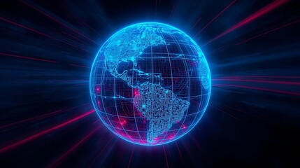 A glowing blue digital globe with a grid overlay, representing global connectivity and technology, set against a dark background with red light streaks.