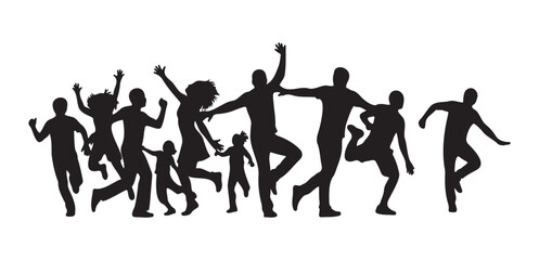 Family and friends jumping silhouettes. A group of people of all ages, including children, having fun and celebrating together. Joy, happiness, and active lifestyle concept.

