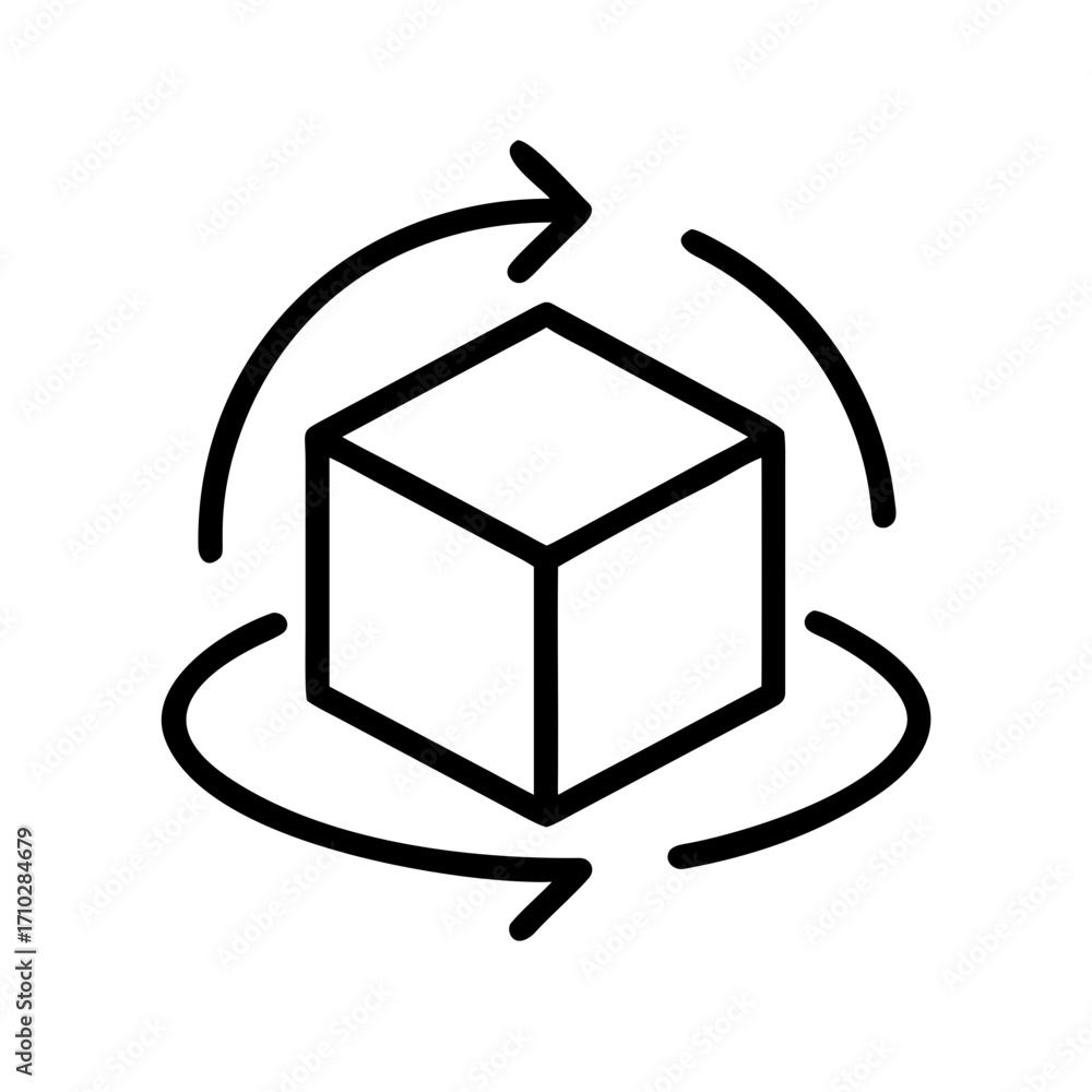 Aufkleber outline cube with three curved arrows rotating around it indicating a three dimensional rotation pro
