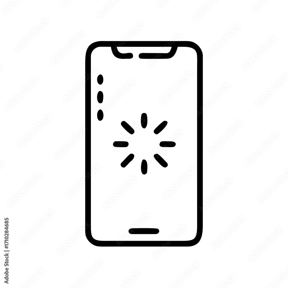 Aufkleber illustration of a smartphone with a loading icon and three dots on the screen in black outline