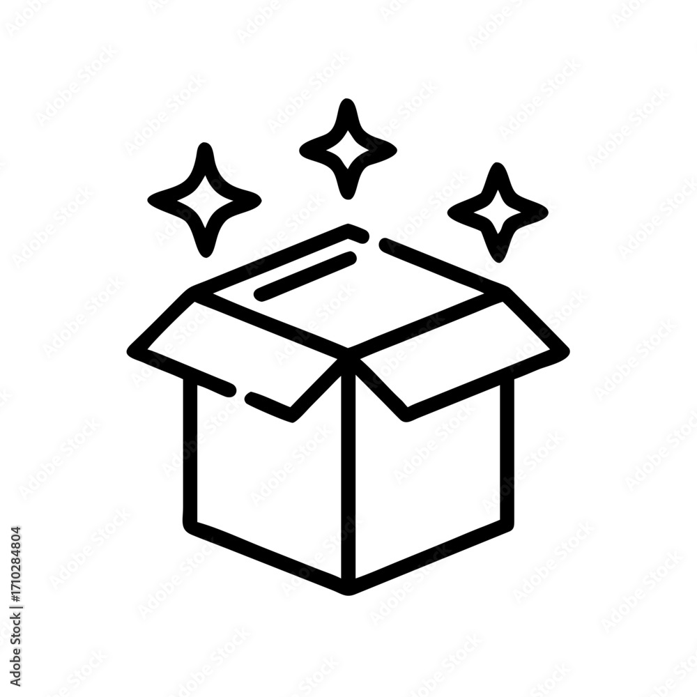 Poster open cardboard box with shining stars above it in a line art style on a white background vector imag