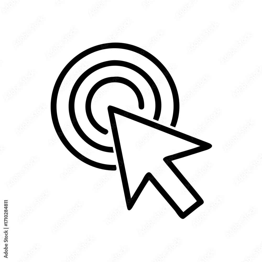 Aufkleber illustration of a cursor clicking on a target with concentric circles in black and white outline sty