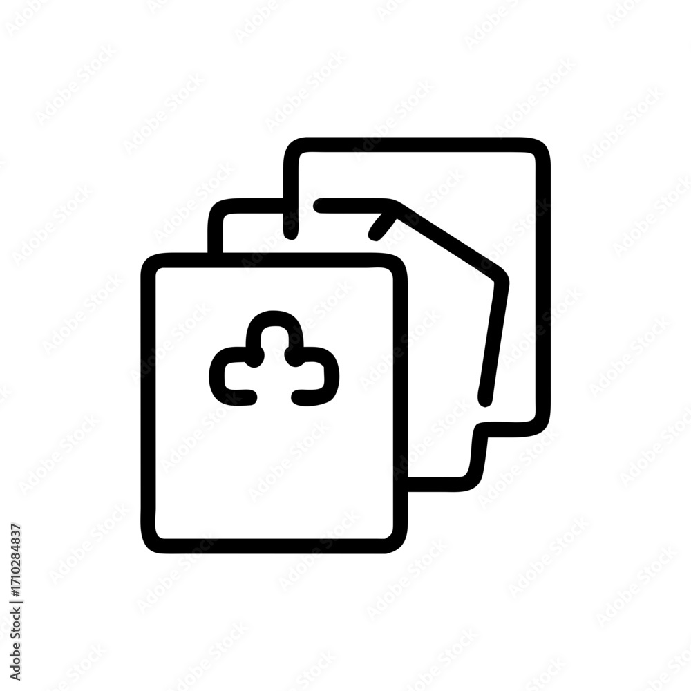 Poster outline illustration of multiple cards with a clover symbol on the front card in black and white sty