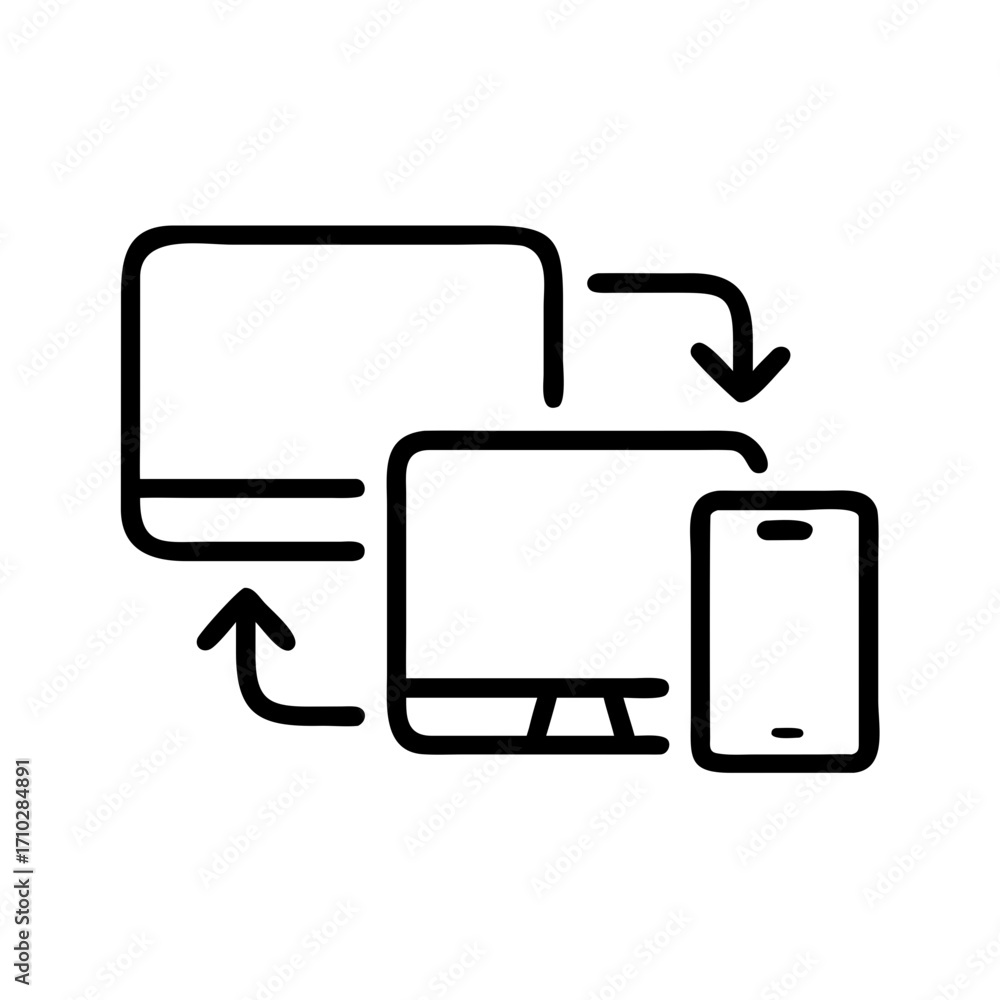 Aufkleber outline illustration of data syncing between desktop monitor and mobile smartphone devices with arro