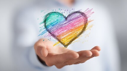 Colorful heart sketch floating above open hand