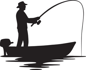Fishing Silhouette Man in Boat with Rod Vector Illustration