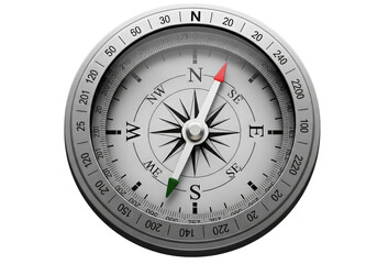 Detailed compass design showcasing cardinal directions with a polished metallic finish on a white background