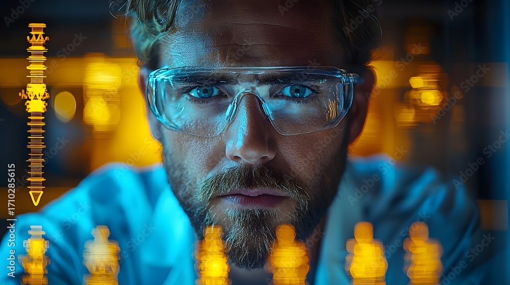 Poster a focused scientist examining abstract genetic data with intense concent n in a futuristic laborator