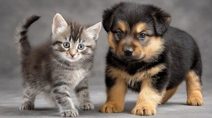 Obraz premium Adorable kitten and puppy duo on gray background