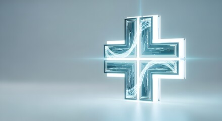 Illuminated cross symbol with glowing energy, symbolizing healthcare and medical assistance.