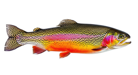 Isolated close-up view of a colorful rainbow trout fish swimming, showcasing its vivid hues