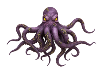 A  detailed image of a stylized purple octopus with luminous yellow eyes, set against a black background.