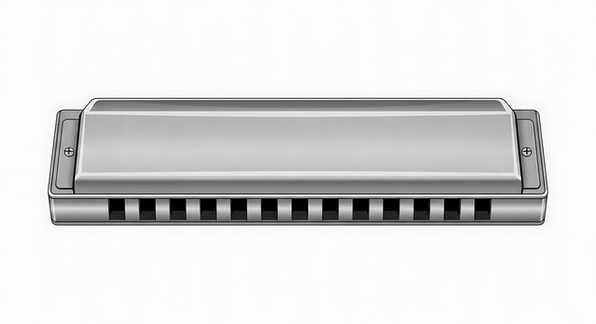 A classic silver metal harmonica isolated on a white background.