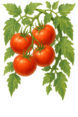 Watercolor rendering depicting ripe red tomatoes clustered on verdant vine, floating against transparent backdrop