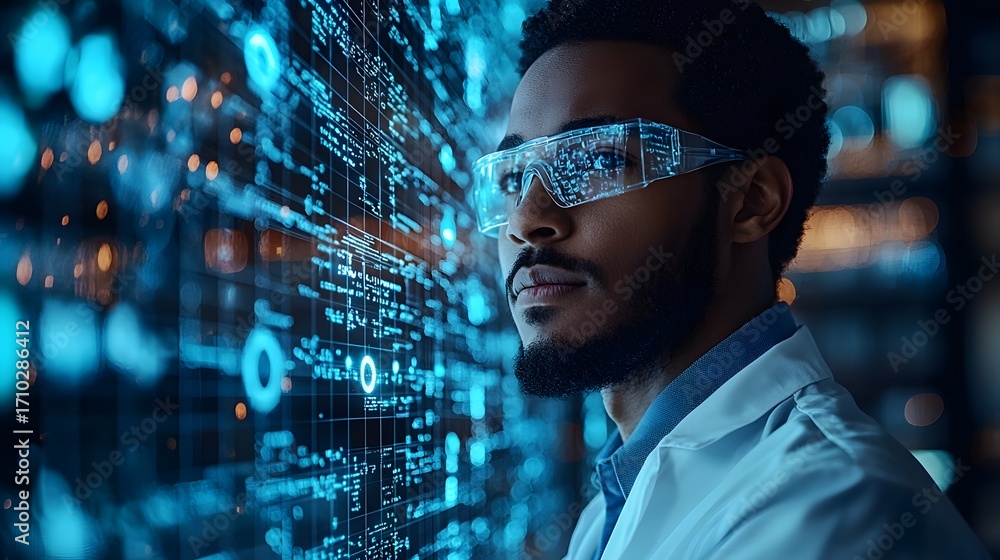 Poster a focused scientist wearing futuristic goggles examines a complex digital data display