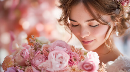 Naklejka premium Bride with Bouquet of Pink Roses / ピンクのバラの花束を持つ花嫁