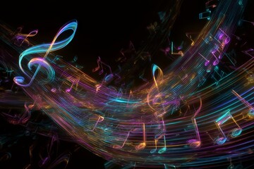 Colorful musical notes and swirling lights on dark background
