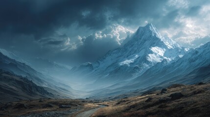 Obraz premium Snow Capped Mountains Under Dramatic Sky and misty valley landscape