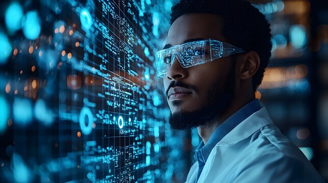 A focused scientist wearing futuristic goggles examines a complex digital data display