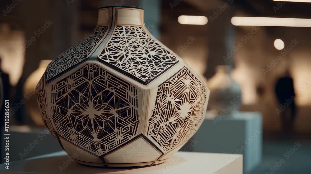 Aufkleber medium shot of a sleek 3dprinted vase with intricate geometric patterns in sharp focus blurred moder