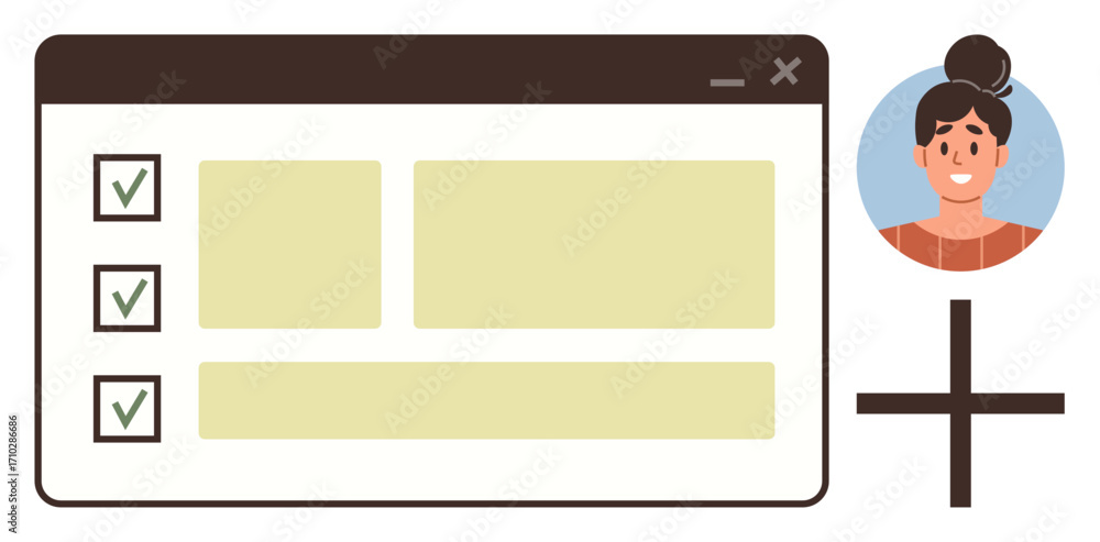 Aufkleber checklist displayed on a browser window with checkboxes marked, profile avatar, and a plus sign for 