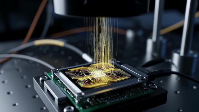 Closeup of optical waveguides on silicon photonics chip enabling secure lowlatency communication for drone swarms in experimental lab.