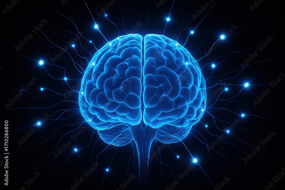 Poster illuminated intellect: a luminous blue brain radiates intelligence, neural networks sparkling in a d