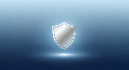 Shield icon, silver metallic, glowing on a blue gradient background, symbolizing security and protection.