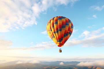 Obraz premium Vibrant hot air balloon soaring gracefully against a clear blue sky, colorful aerial adventure travel concept, festival flight photography, 8k ultra high resolution image