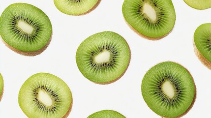 Fototapeta premium Sliced Kiwi Fruit Pattern On White Background. Fresh And Vibrant Kiwi Slices For Healthy Eating Concept
