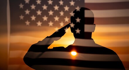soldier saluting american flag at sunset