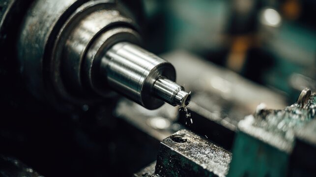Metalworking Process in Industrial Workshop Featuring a Precision Lathe Cutting a Steel Component