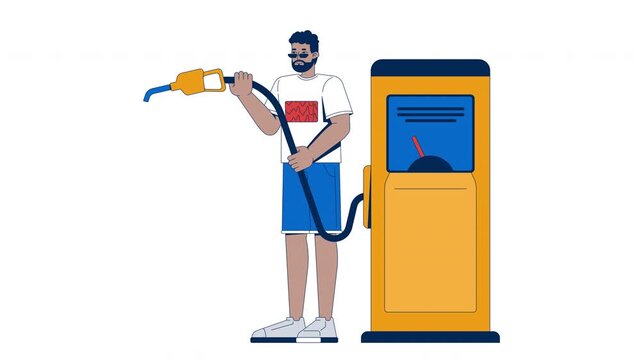 African american man refueling at gasoline pump station cartoon animation. Black guy holding fuel nozzle to gas refill animated flat 2D character 4K video isolated on white, scene storytelling