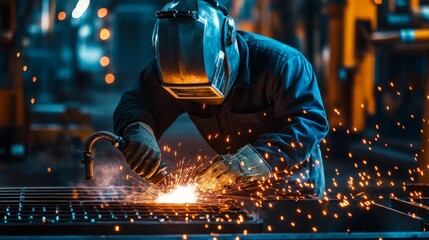 Male industrial welder in protective gear working with sparks in factory setting