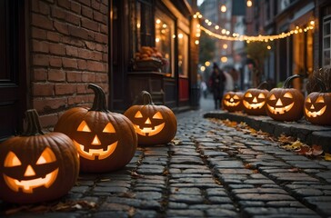 Obraz premium Halloween Pumpkin Display on Vintage Urban Street at Golden Hour with Fog, Carved Jack O’Lantern, String Lights and Autumn Market Atmosphere