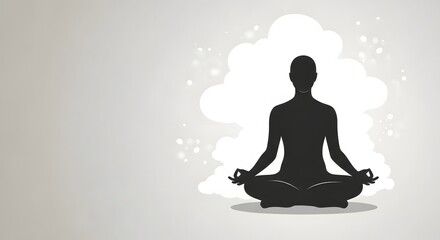 Silhouette of a person meditating in a lotus position against a cloudy, speckled background.