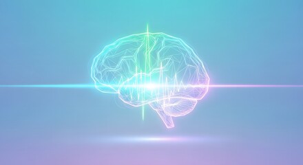 Glowing brain outline with a horizontal beam of light and vertical lines, on a gradient background.