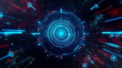 Abstract futuristic digital tunnel with glowing blue and red lights, representing technology and speed.