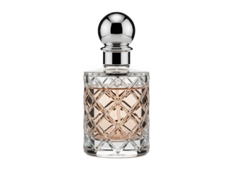 Elegant glass perfume bottle with a diamond pattern, showcasing a soft pink fragrance inside, isolated