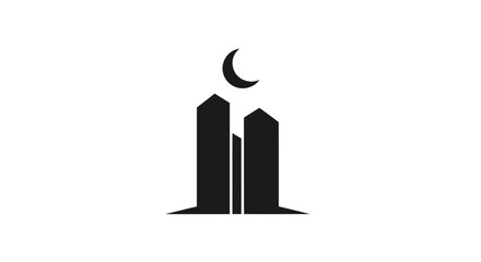 Silhouette of buildings with a crescent moon above a dark night sky.