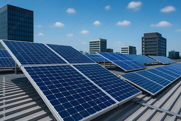 Obraz premium Rooftop solar panels with office buildings in the background, representing renewable energy, sustainable technology, and clean power solutions for urban areas.