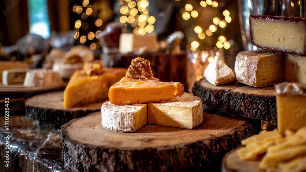 Poster medium shot capturing a variety of artisan cheeses arranged on rustic wooden slabs focused on crumbl