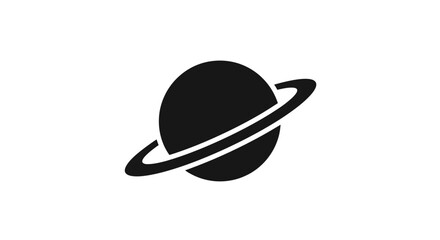 Black planet with rings illustration on a white background representing space and astronomy.