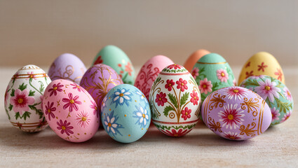 A group of beautifully hand-painted Easter eggs, each with intricate floral and geometric designs. The image highlights the craftsmanship and artistic tradition of decorating Easter eggs.