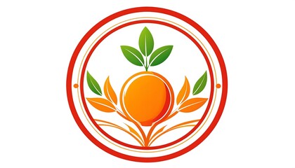 Ornate circular design featuring an orange fruit and stylized leaves, set against a white background with a red decorative border.