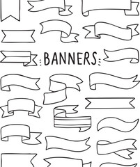 Hand-drawn black and white banner vector set with curved, folded, and ribbon styles perfect for labels, headers, and decoration